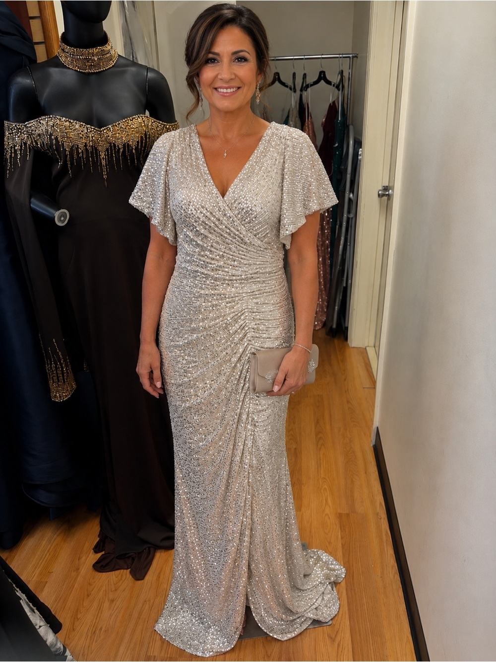 Sequin V-Neck Maxi Dress in Champagne Marsoni by colors size 14